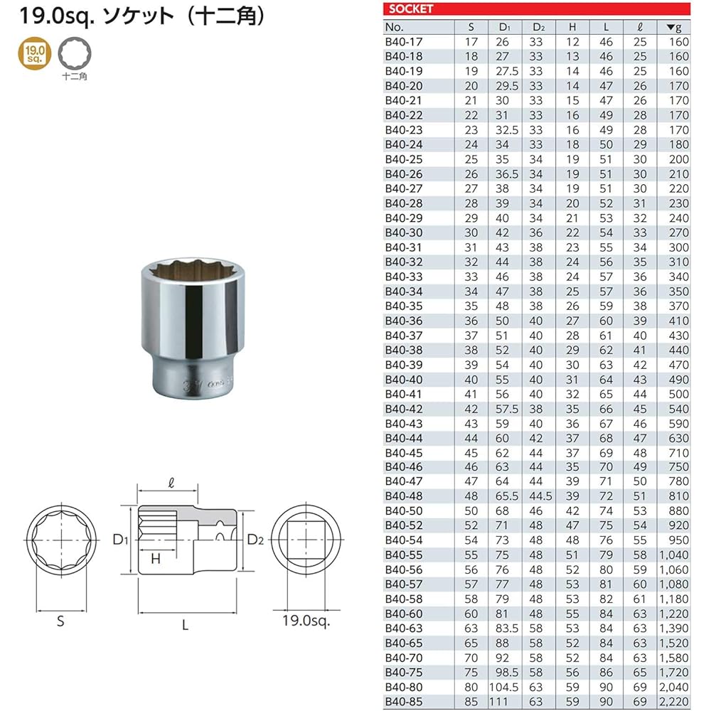 Kyoto Machine Tools (KTC) Socket 12 Square B40-75 Total Length: 86 x Drive Angle: 19.0 x Opposite Side Dimensions: 75mm