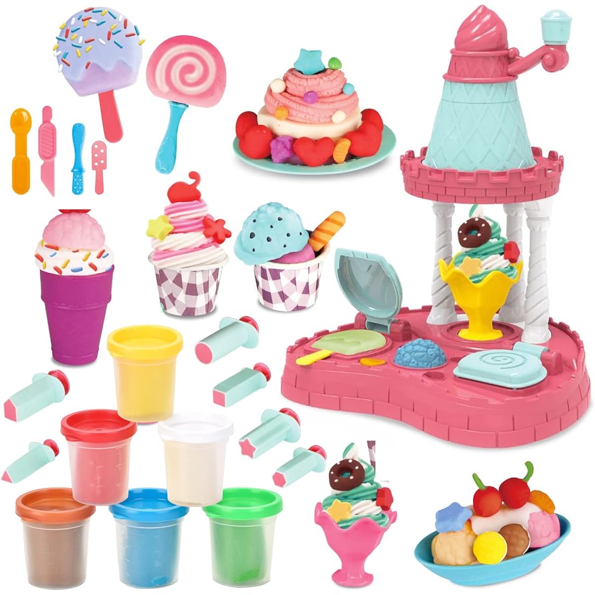 GOVOY Play Dough Ice Cream Maker Kitchen Creations Popsicles Frozen Treats Pretend Party Playset Various Kinds of Ice Cream Styles 6 Cans Color Wheat Dough Compound