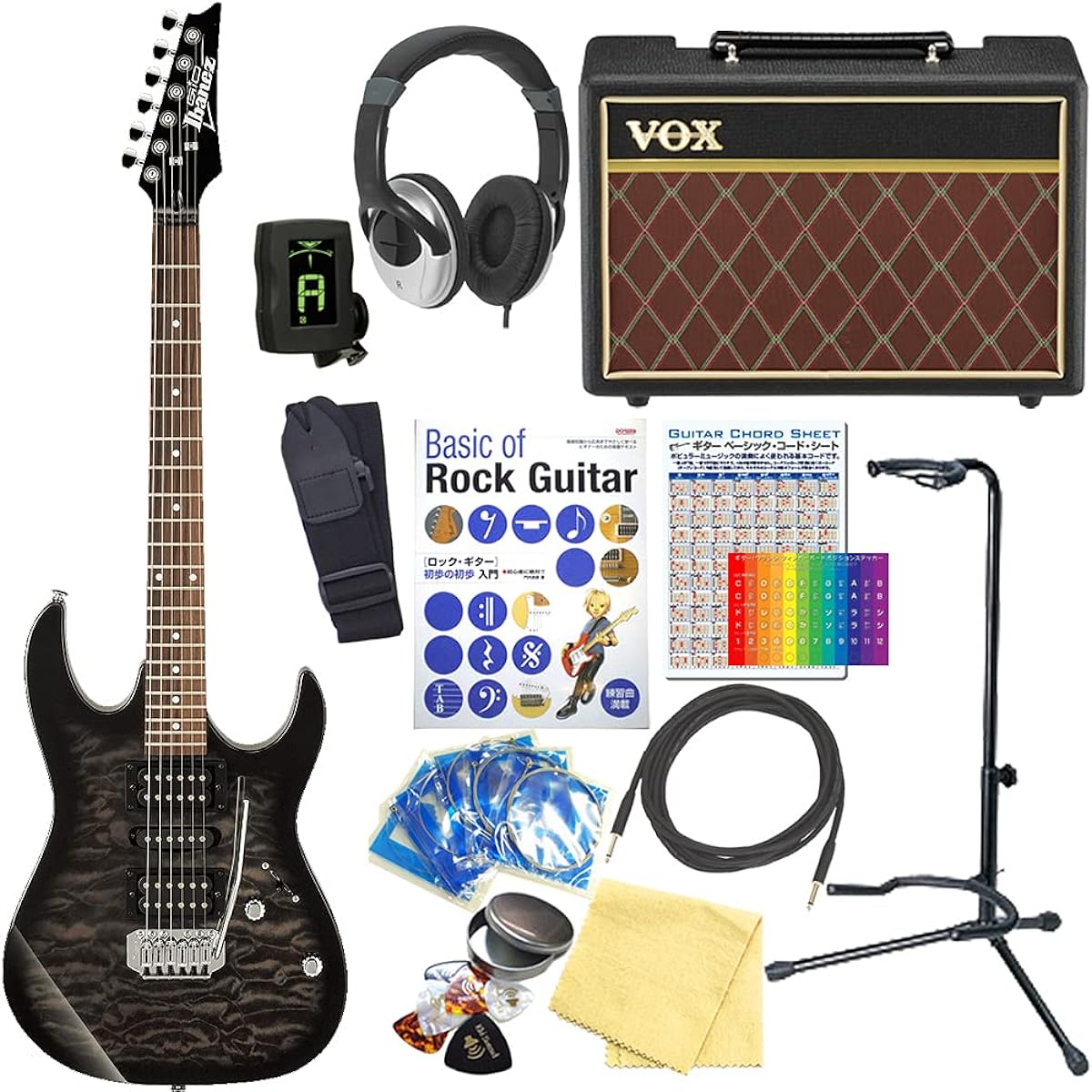 Ibanez GRX70QA TKS Electric Guitar with VOX Amplifier, Beginner's 15-piece Set