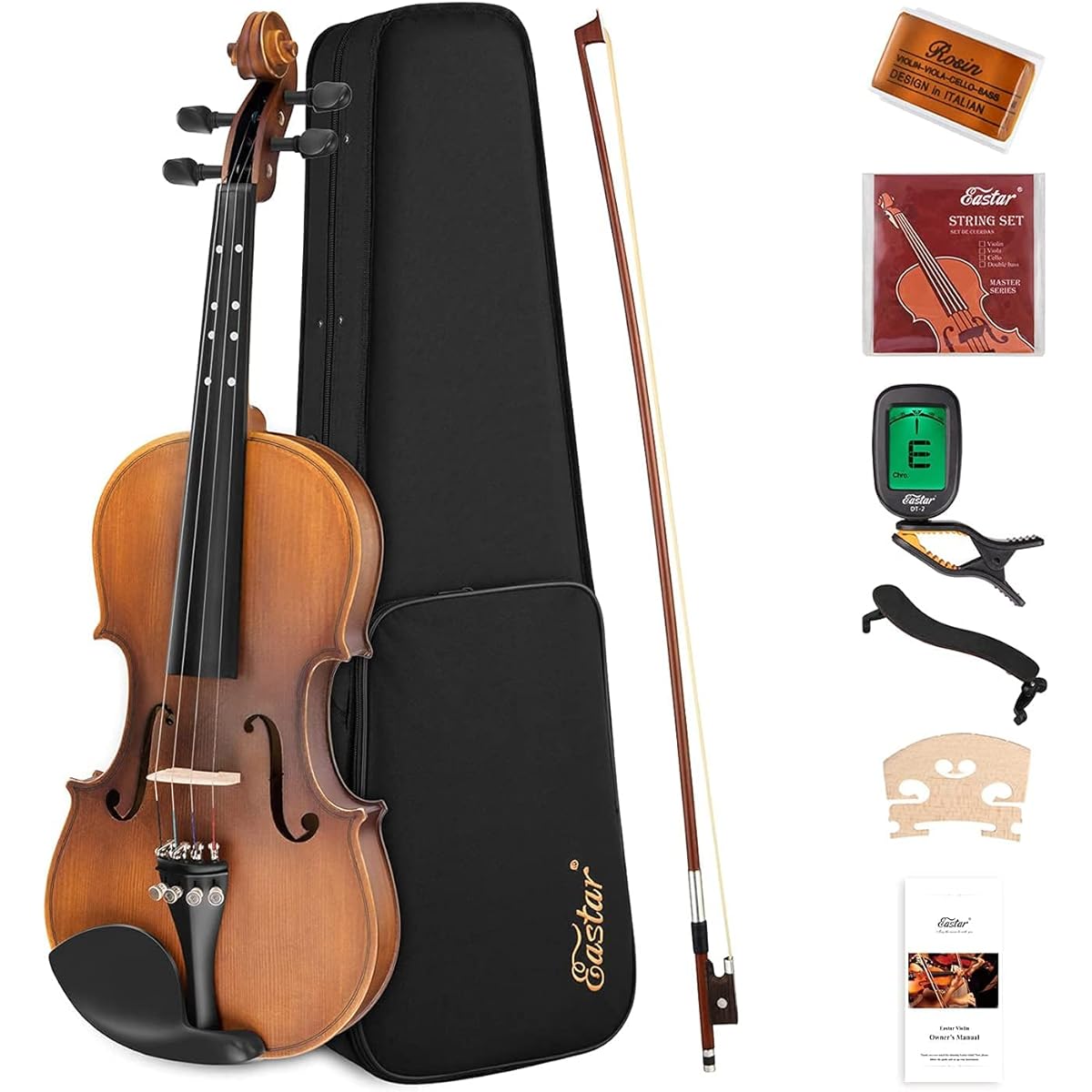 Eastar Violin Beginner Set, Matte, Fretboard Mark Tuner, Spare String Set Included, EVA-3 (4/4)