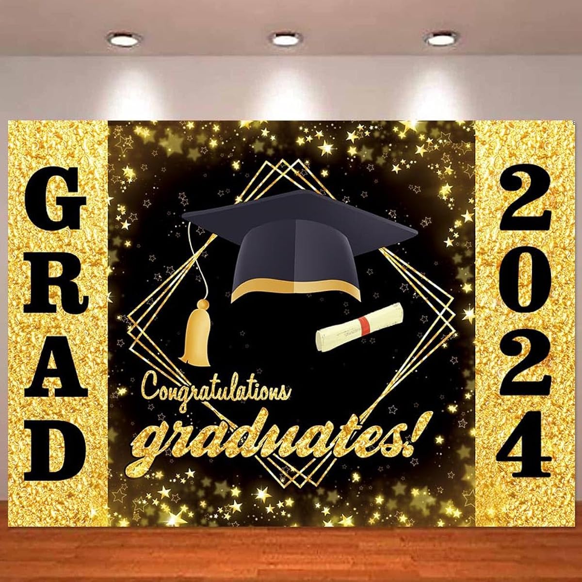 7x5ft Black and Gold Graduation Backdrop for Photography Congratulations Graduation Party Photo Background Celebration Prom Party Photo Booth Props Decorations Banner