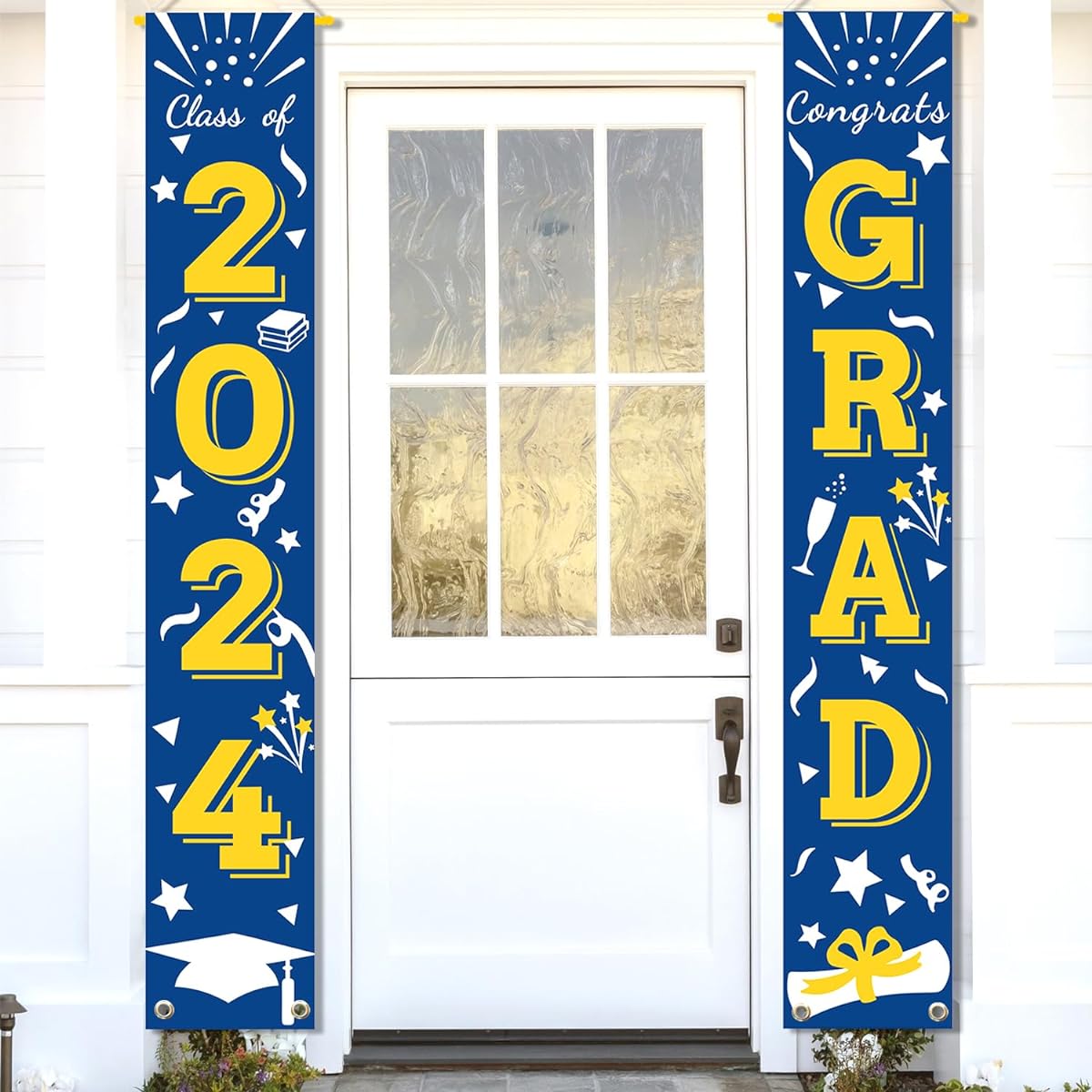 Graduation Porch Banner, Class Sign, Congratulations Grad Hanging Flag for High School, College, University, Party Decorations for Front Door, Outdoor, Blue, Yellow