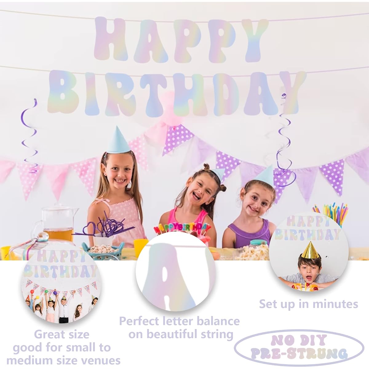 Rainbow Happy Birthday Banner 6.5ft Pre-strung Shiny Birthday Sign Holographic Birthday Decorations Party Supplies BDAY Photo Props Happy Pastel Birthday Decor Sweet 16 21st Milestone 50s 70s Cool Birthday Backdrop