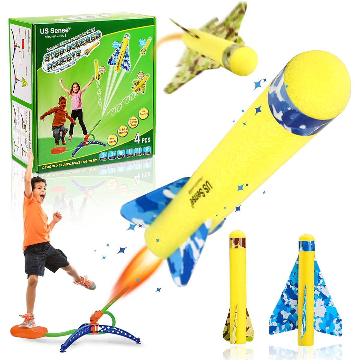 US Sense Rocket Launcher for Kids - Adjustable Stomp Launcher Set with 2 Stunt Glider Planes and 2 Foam Rockets for Kids Ages 3 4 5 6 7 8