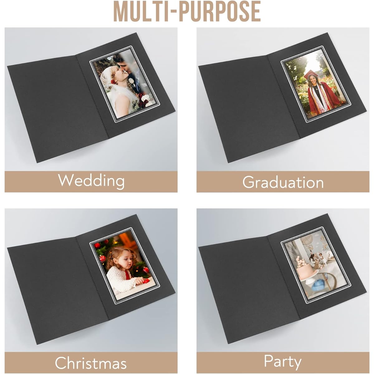 Golden State Art 200 Pack 4x6 Photo Folders, Cardstock Photo Frames, Paper Photo Frame Cards, Greetings/Invitations for Special Events: Graduation, Christmas, Weddings (Black with Silver Lining)