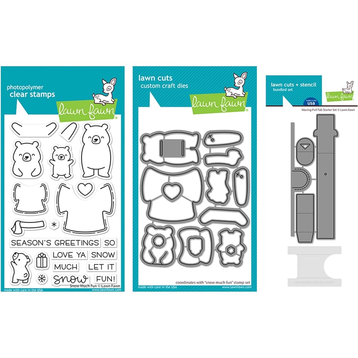 Lawn Fawn Snow Much Fun 4x6 Clear Stamp Coordinating Dice and Webbing Pull Tab Starter Set (LF2411 LF2412 LF2413) 3 Piece Set