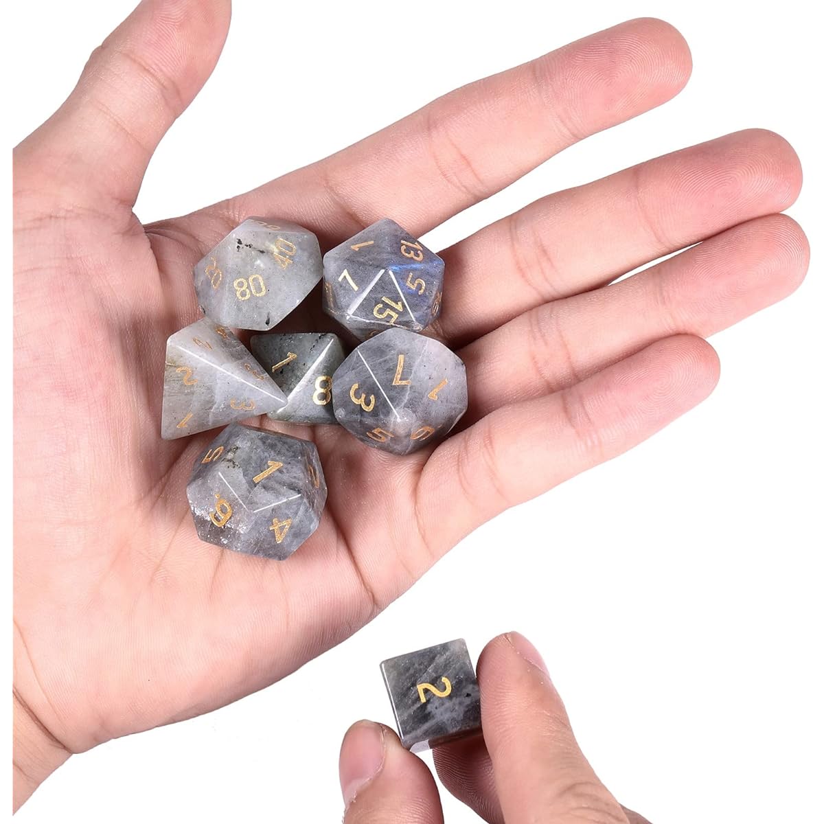 mookaitedecor Labradorite Crystal Polyhedral DND Dice Set of 7 Polished Tumbled Stone Dice for RPG MTG Tabletop Games Home Decor