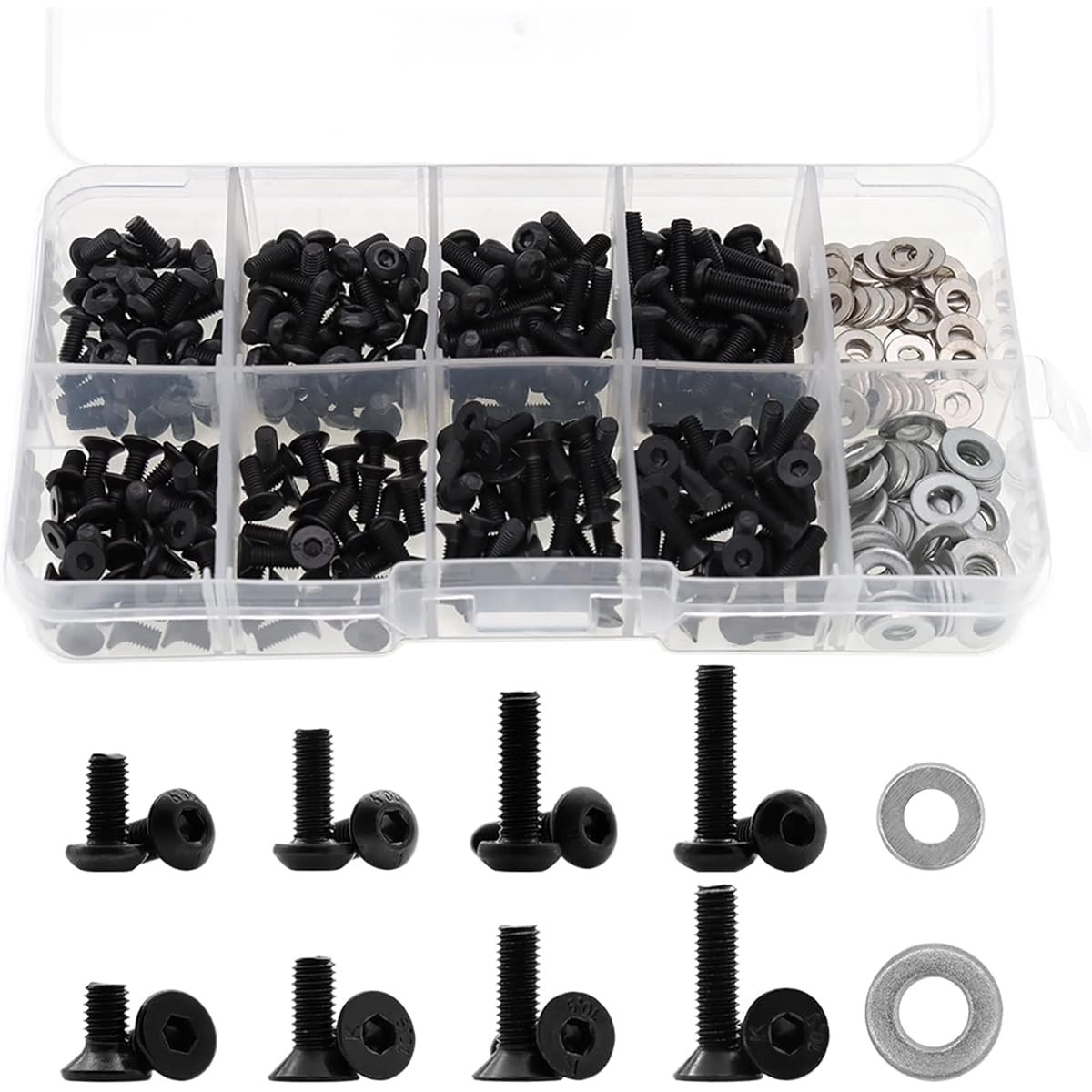 HEXADRC Universal Screw Box Repair RC Tool Kit M3 Hexagon Flat & Round Head M3 & M4 Washers for Traxxas Axial Redcat HSP HPI Arrma Losi 1/8 1:10 Scale RC Car Parts 340Pcs
