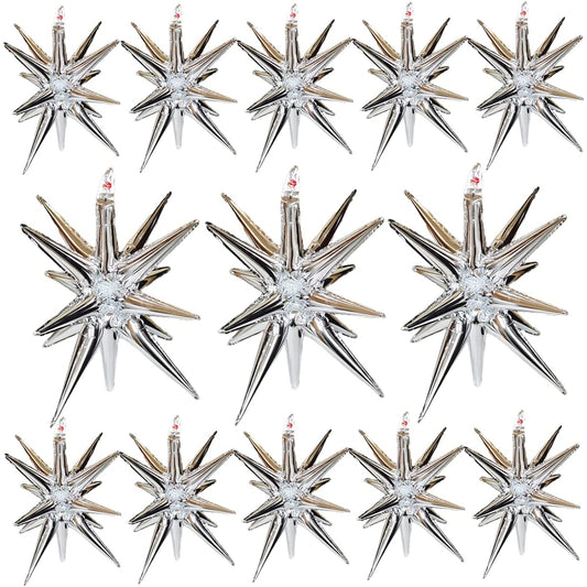 13 Pack Star Balloons - 14 Corner Siamese Explosion Star Foil Balloons - 22 Inch 3D Starburst Mylar Silver Balloons for Party Balloon Decorations