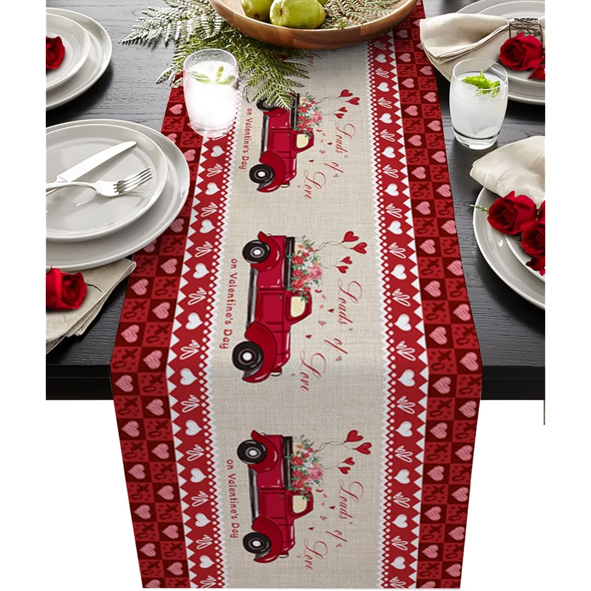 ARTSHOWING Valentine's Day Table Runner Decorative Cotton Linen for Holiday Home Decor Birthday Party Family Dinner 13 x 36 Inch Farmhouse Truck with Rose Balloons