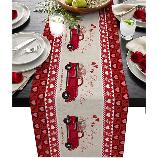 ARTSHOWING Valentine's Day Table Runner Decorative Cotton Linen for Holiday Home Decor Birthday Party Family Dinner 13 x 36 Inch Farmhouse Truck with Rose Balloons