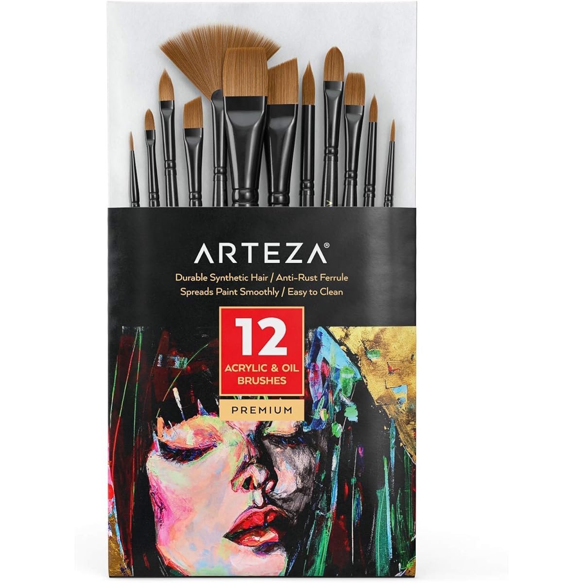 Arteza Paint Brushes Set of 12 Premium Synthetic Acrylic & Oil Paint Brushes with Brass Ferrules & Wooden Birch Handles Painting Art Supplies for Beginners and Experts