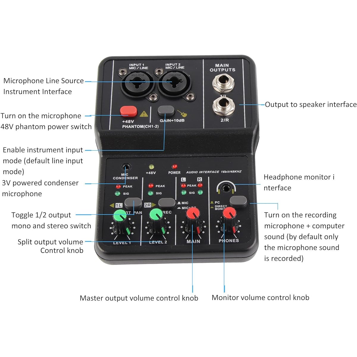 GOWENIC Mixer Console USB 2 Channel Audio Mixer 48V Phantom Power Compact Mixing Console Music Recording for Home Karaoke Internet Karaoke