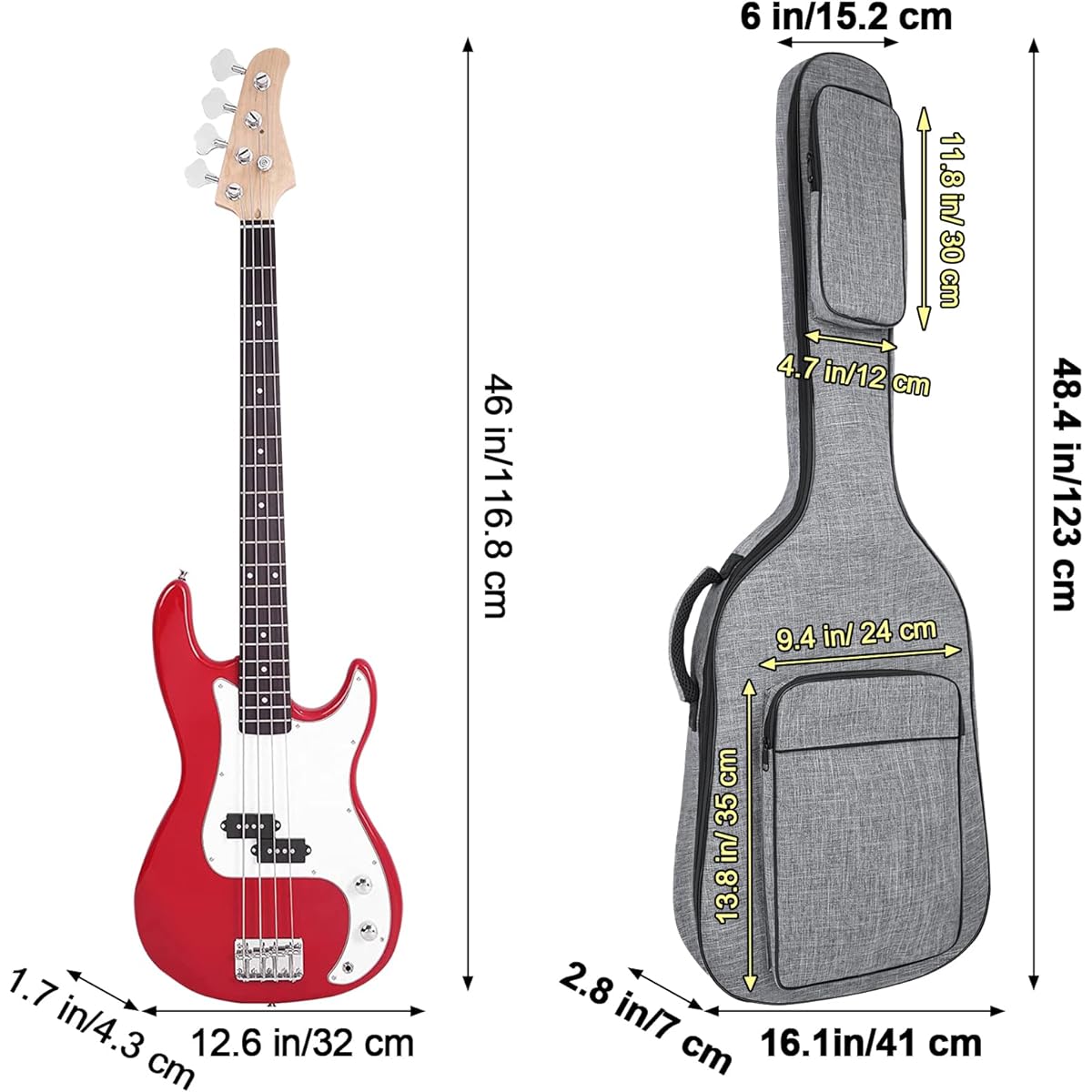MUZTOP Bass Guitar Bag 7mm Padded Bass Guitar Gig Bag Padded Soft Electric Bass Guitar Case Backpack with Pocket Gray