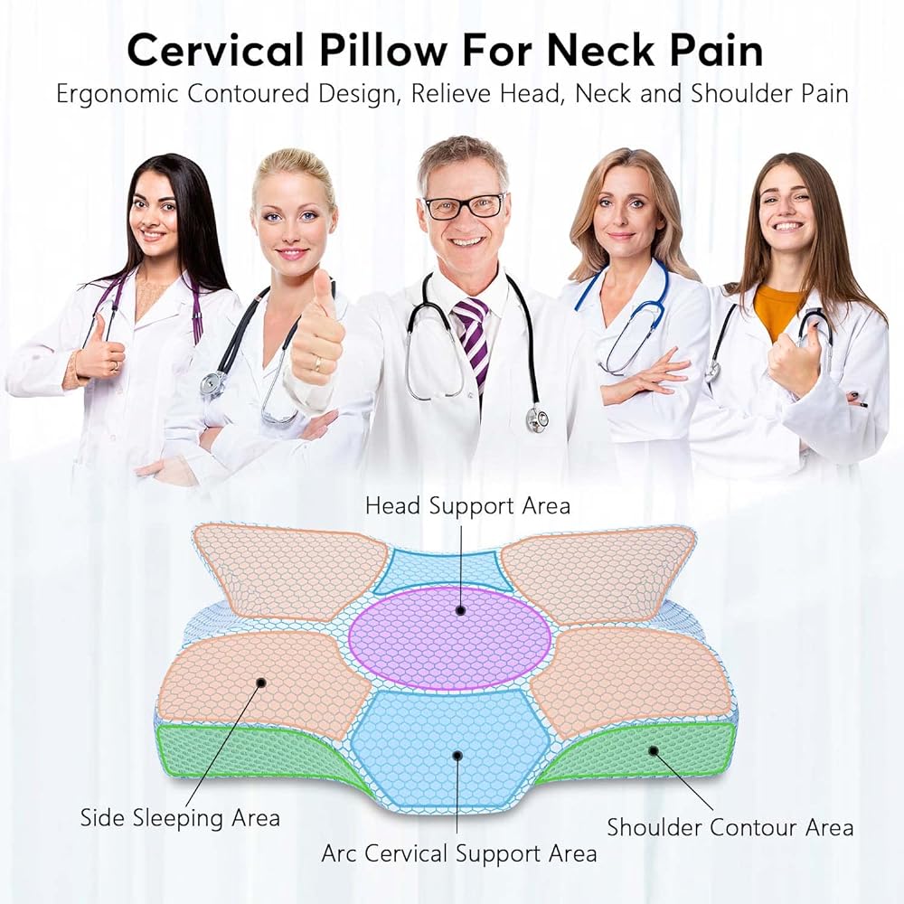 Anvo Cervical Neck Pillow for Neck and Shoulder Pain - Memory Foam Neck Pillow for Sleeping Pain Relief Side Sleeping Pillow Curved Orthopedic Soft Pillow for Back Sleepers - Blue