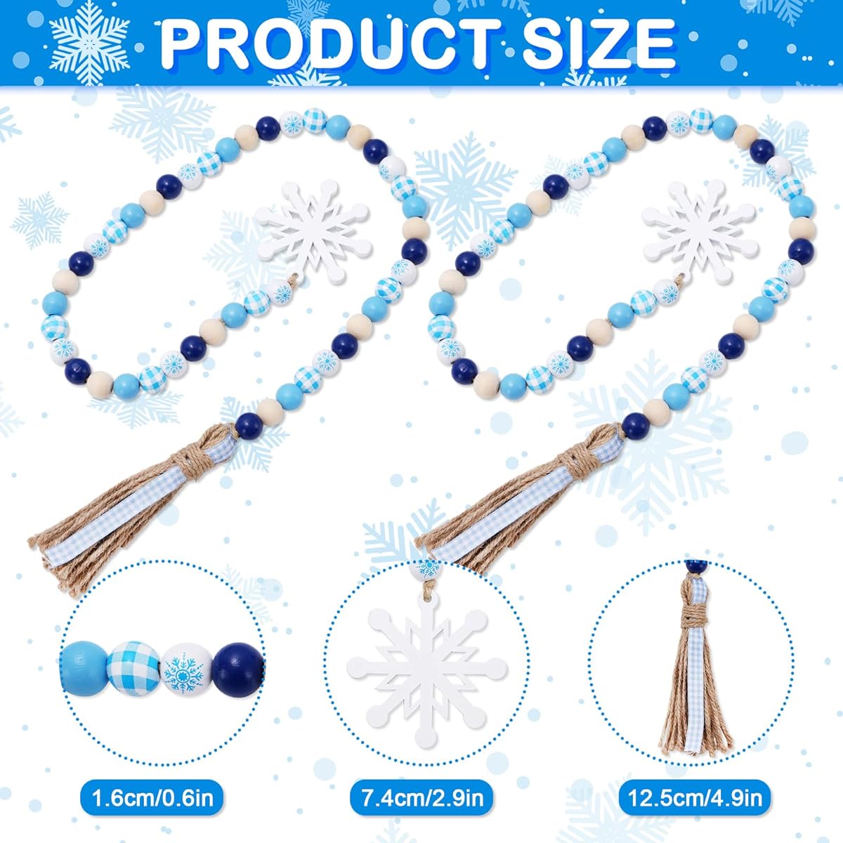 Whaline Wooden Bead Garland with Tassels Snowflake Blue White Buffalo Plaid Hanging Ornament Rustic Farmhouse Christmas Tiered Tray for Fireplace Wall Set of 2