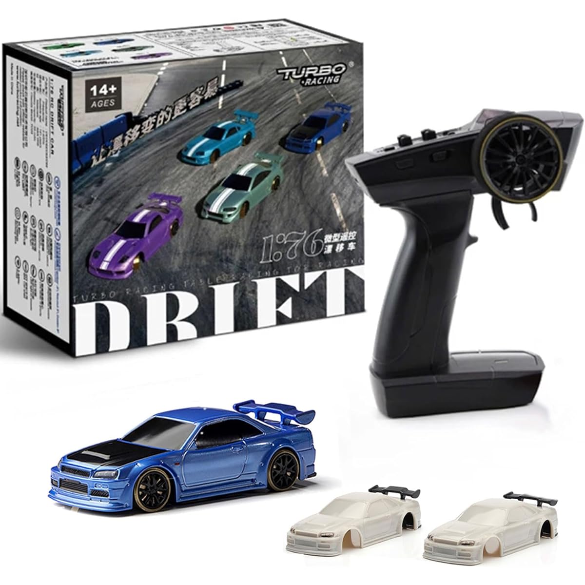 /76 Drift Car Turbo Racing C64 Mini RC Car, 1:76 Full Scale RC Car, Radio Controlled, Equipped with 2.4Ghz Remote Control with Gyroscope, 30 Minutes Continuous Running, LED Headlights, Chassis Lights, Turn Signals, Suitable for Home and Indoor Use (Blue)