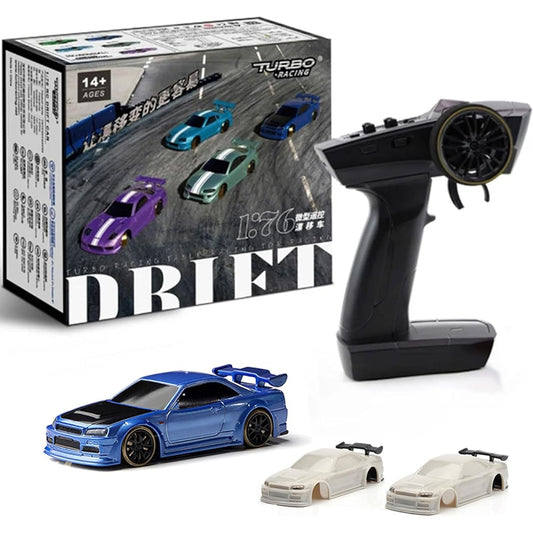 /76 Drift Car Turbo Racing C64 Mini RC Car, 1:76 Full Scale RC Car, Radio Controlled, Equipped with 2.4Ghz Remote Control with Gyroscope, 30 Minutes Continuous Running, LED Headlights, Chassis Lights, Turn Signals, Suitable for Home and Indoor Use (Blue)