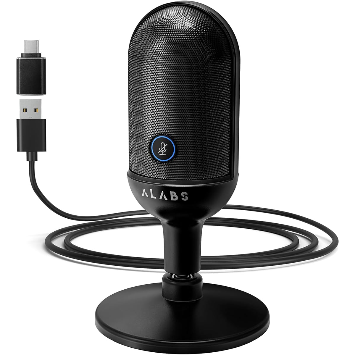 ALABS USB Microphone Condenser Podcast Microphone for Computer Mac Smartphone Plug and Play Gaming Microphone with LED Quick Mute 1/8" Headphone Monitor Jack for Recording/Singing/YouTube/Tiktok Black