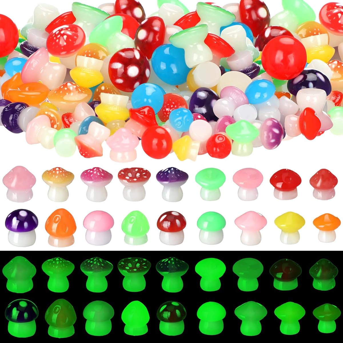 RoundFunny 126Pcs Mini Resin Mushrooms Luminous Mini Mushrooms Glow in the Dark Ornaments Miniature Cute Garden Accessories Micro Landscape Decorations Dollhouse Aquarium DIY Crafts Party Decor