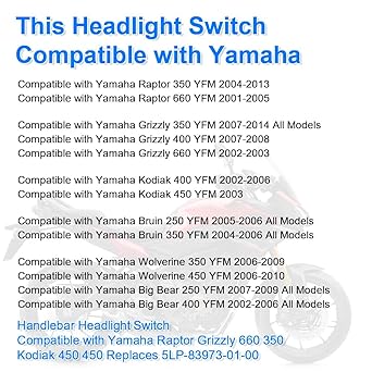 WATERWICH Handlebar Headlight Starter Switch for Yamaha Raptor 350/660 Grizzly 350/400/660 Kodiak 400/450 5LP-83973-01-00 Replacement