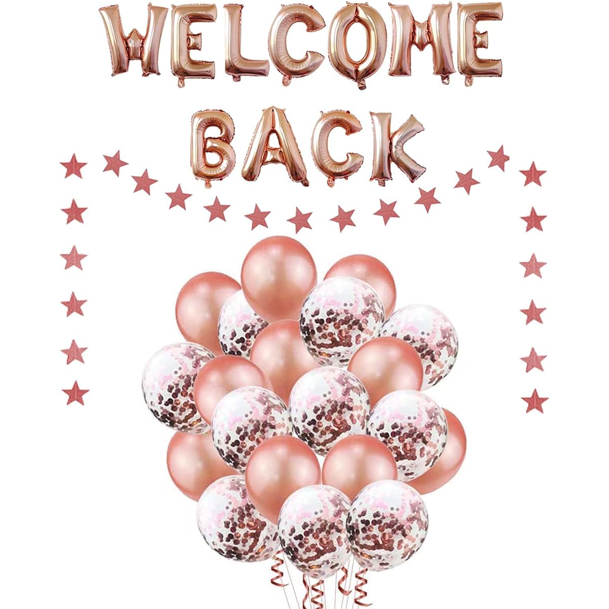 JumDaQ Welcome Back Letter Balloons, Star Banner Garland, Rose Gold Confetti Balloons for Homecoming/Back to School/Reunion/Home Family Party Decorations (23 Pack) (Rose Gold)