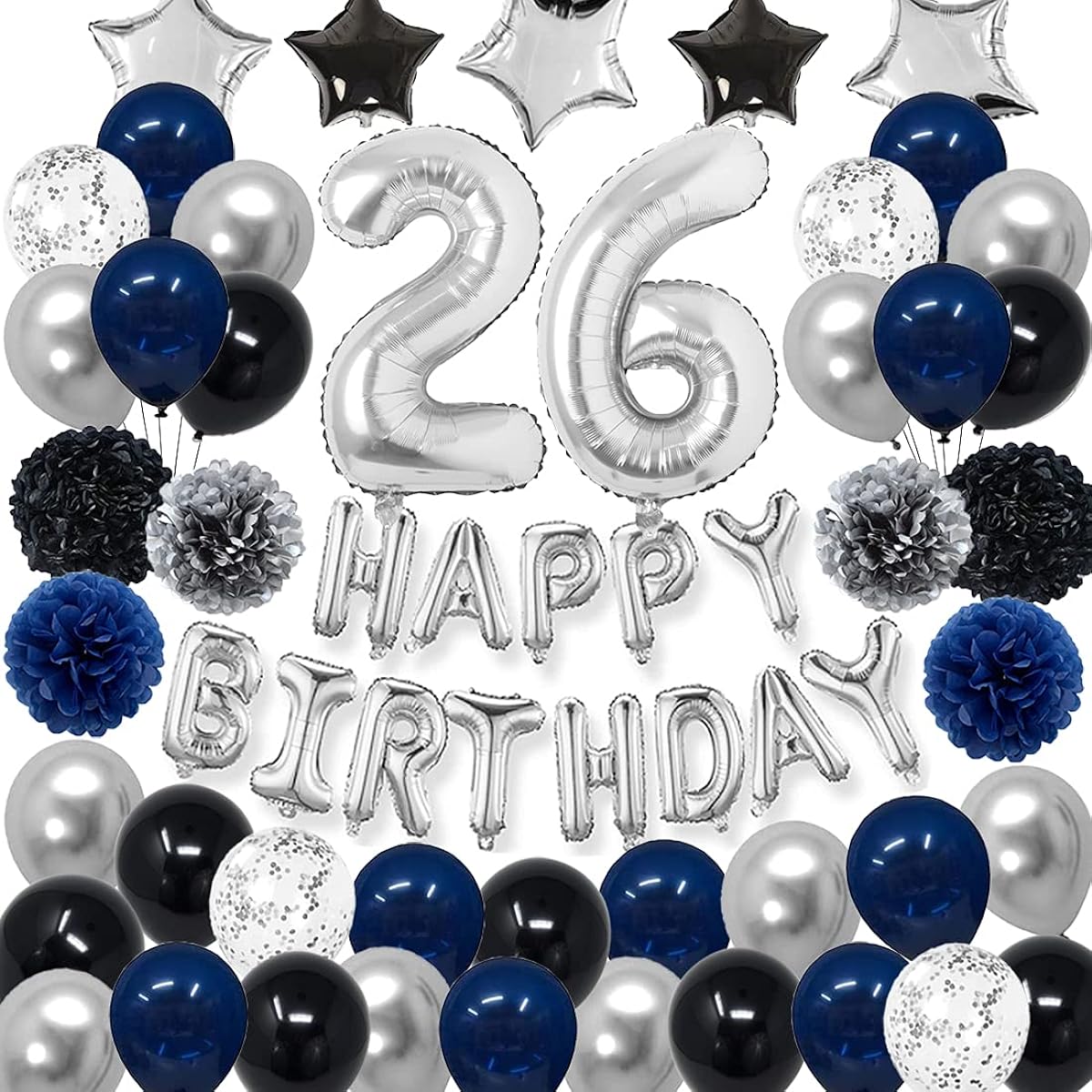 RBYOO 26th Blue Birthday Decorations for Men Boys Women Girls Navy Blue Black Silver Happy Birthday Party Supplies with Pom Poms Flower Confetti Balloons 26 Foil Number Balloons Happy Birthday Banner