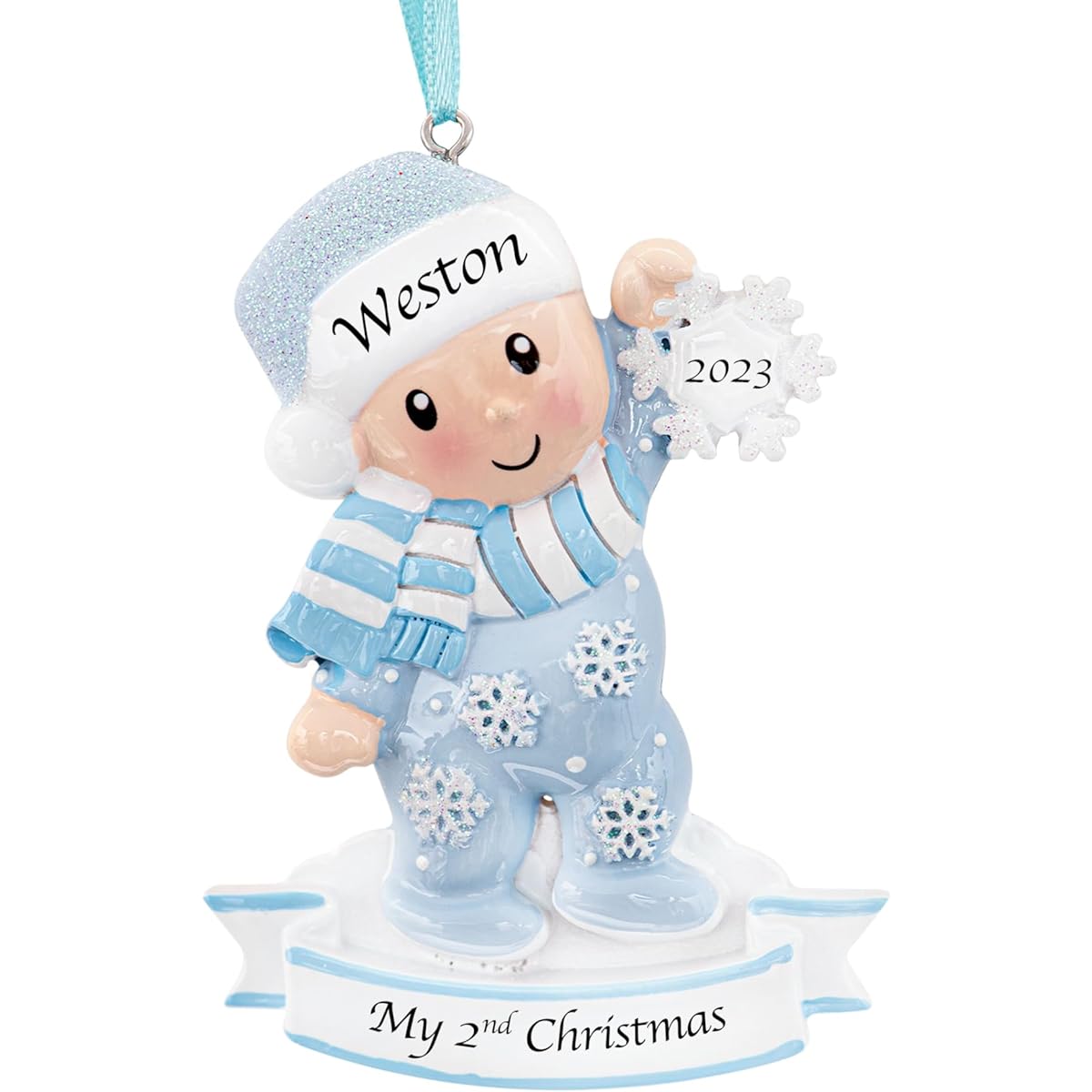 UniqXmas Personalized Baby's Second Christmas Ornament 2023 | Snowflake Boy and Christmas Tree Decoration Blue – My Second Christmas Keepsake for Baby Son/Grandson/Grandchild | Name and Year Customizable