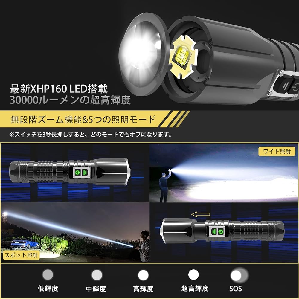 [XHP160 LED Light] Flashlight, Powerful, Military, 30,000 Lumens, USB Rechargeable, LED Light, Handheld Light, Zoom Type, 5 Modes Dimming, USB Output/TYPE-C Input, Compact, IPX6 Waterproof, Aluminum Alloy, SOS, Self-Defense, Disaster Prevention, Earthqua