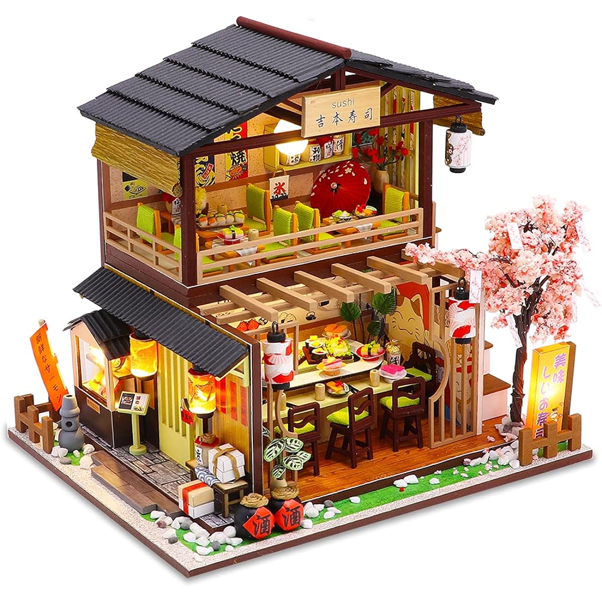 GuDoQi DIY Miniature Dollhouse Kit Wooden Mini Dollhouse with Furniture Small House Kit Dust Cover DIY Miniature Kit Perfect Handmade Craft Gift Japanese Sushi Restaurant