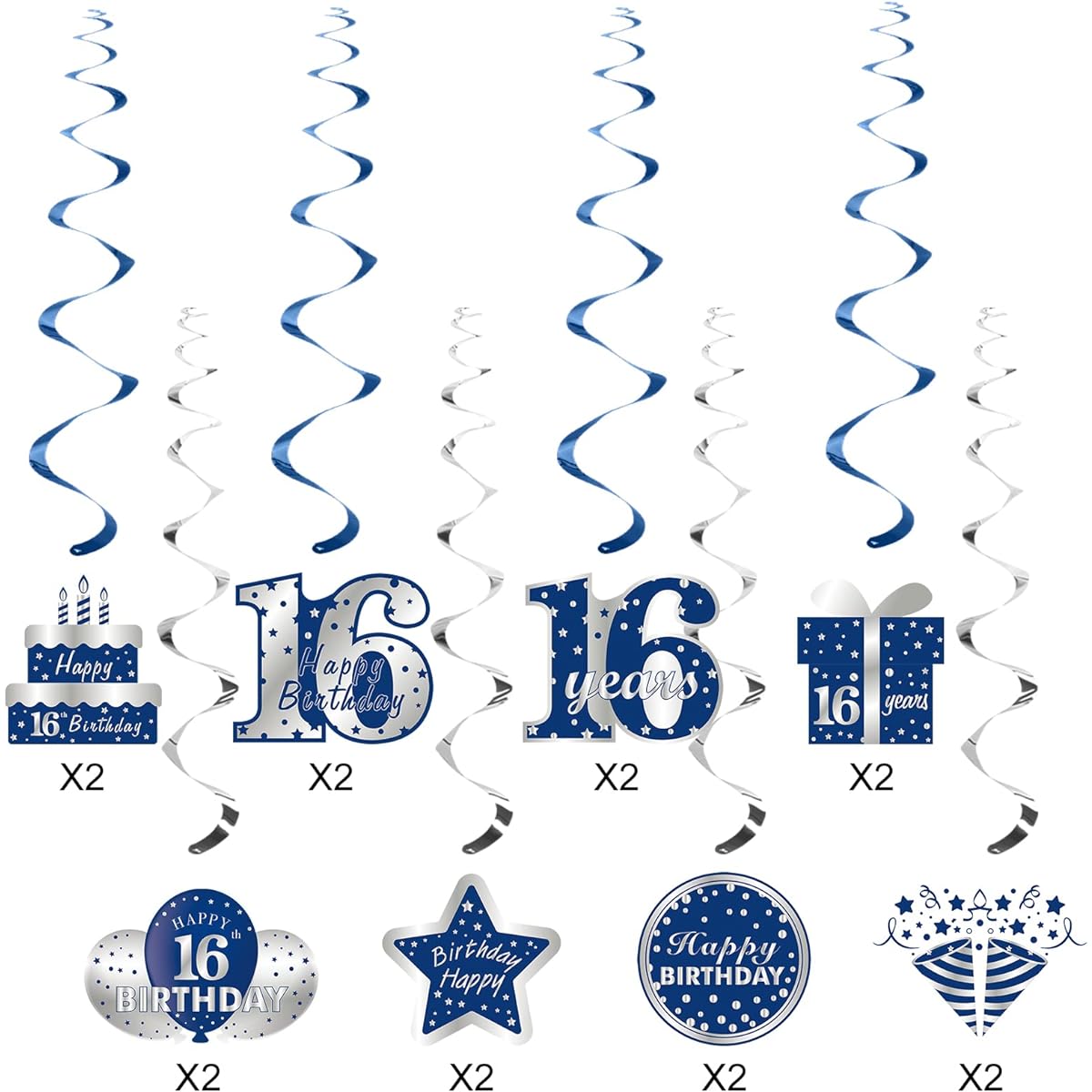 Blue Silver 16th Birthday Hanging Swirl Decorations for Boys - 16pcs Happy 16th Birthday Foil Swirl Party Supplies 16th Birthday Hanging Ceiling Decor