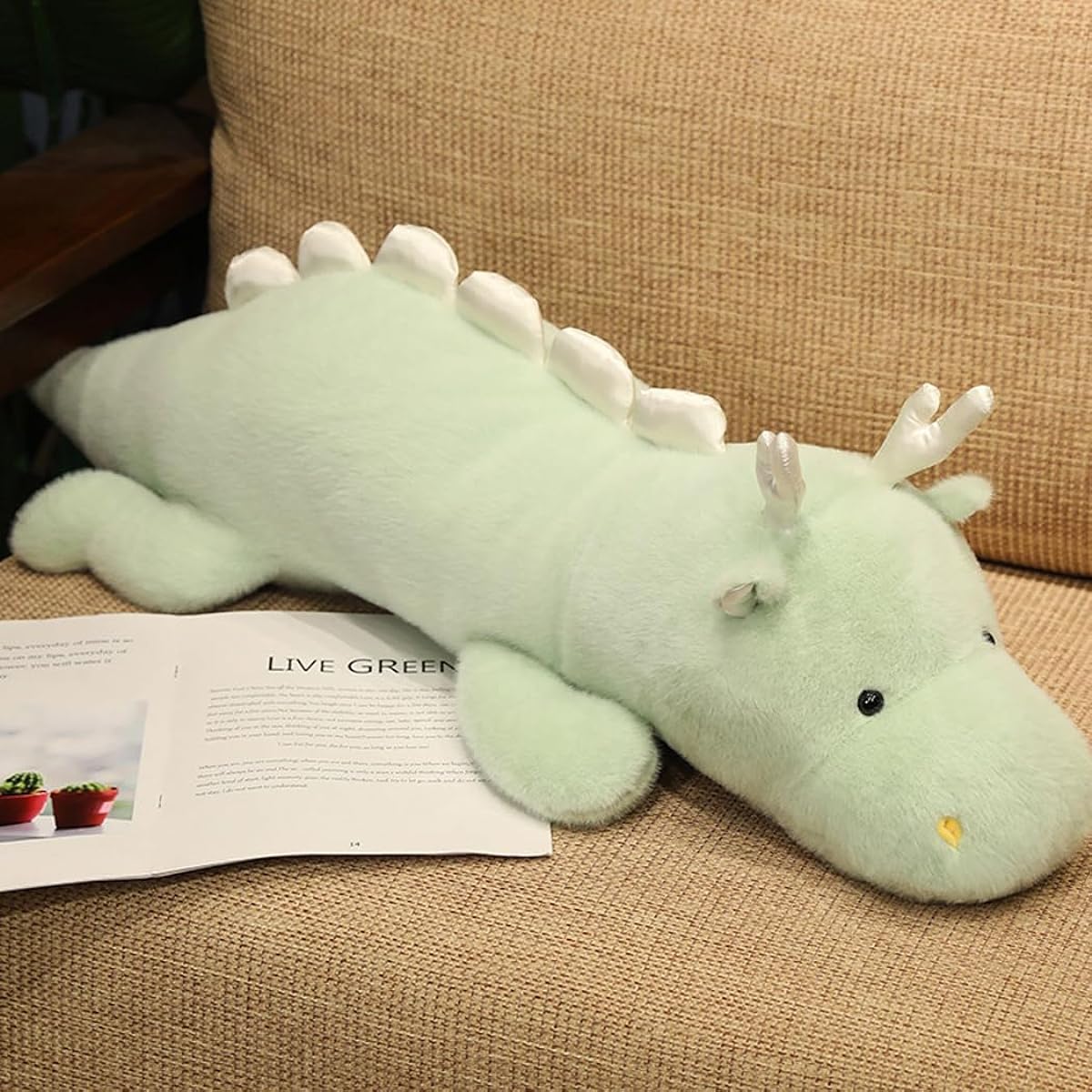 Cute Dragon Plush Pillow Animal Fluffy Stuffed Toy Backrest Cushion Birthday Gift Interior Decoration (140cm, Green)
