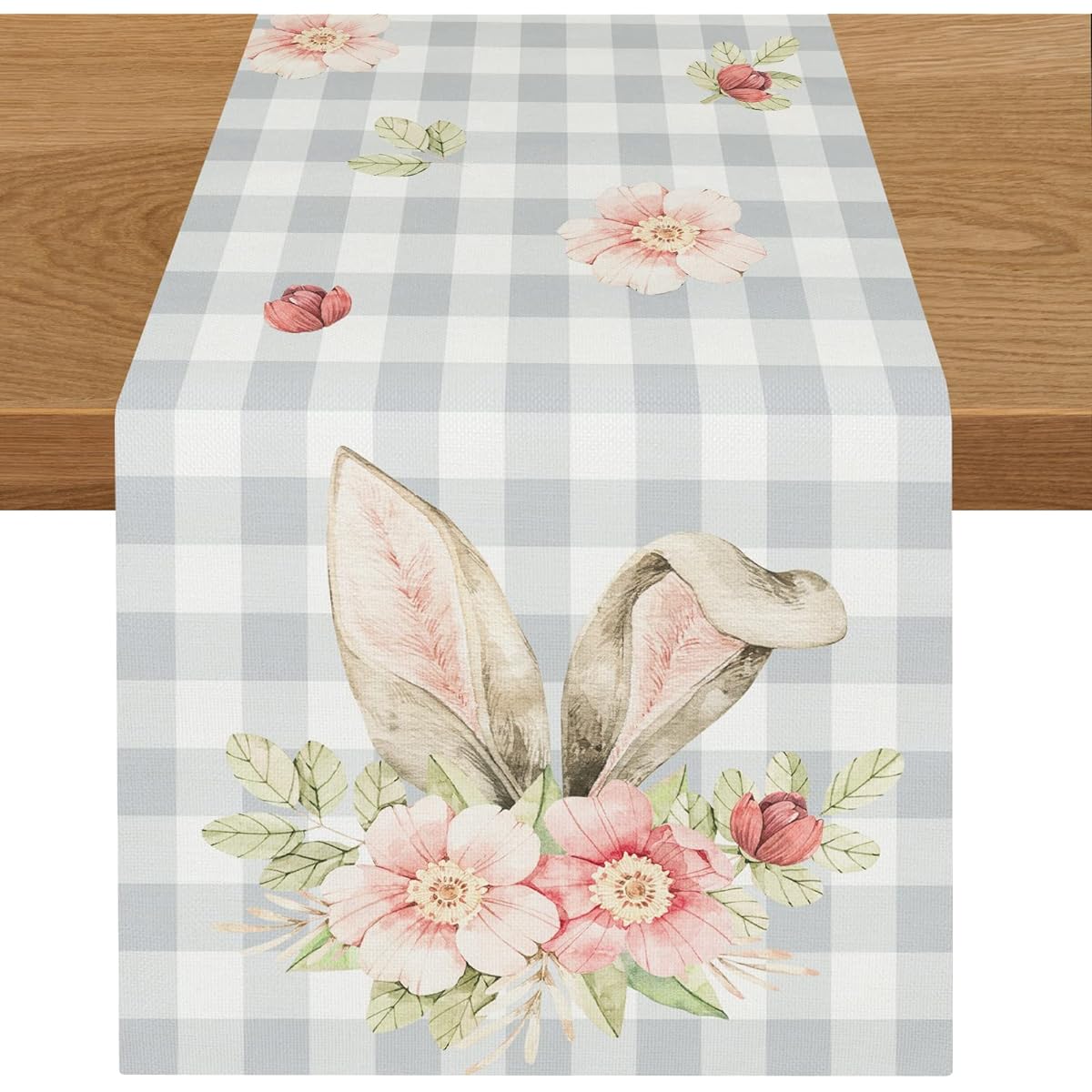Easter Bunny Flower Table Runner 72" Long Buffalo Check Spring Dining Table Decor Kitchen Holiday Wedding Party Indoor Outdoor Decor