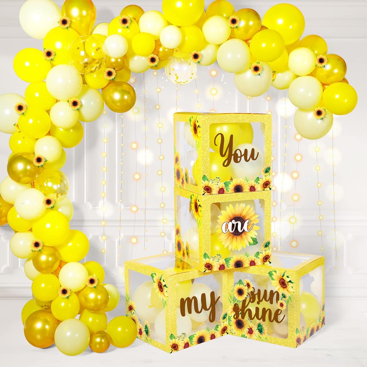 Honoson 54 Pieces Sunflower Party Decorations Sunflower Balloon Box with LED Light String You Are My Sunshine Transparent Balloon Block Sunflower Birthday Party Baby Shower Wedding Supplies