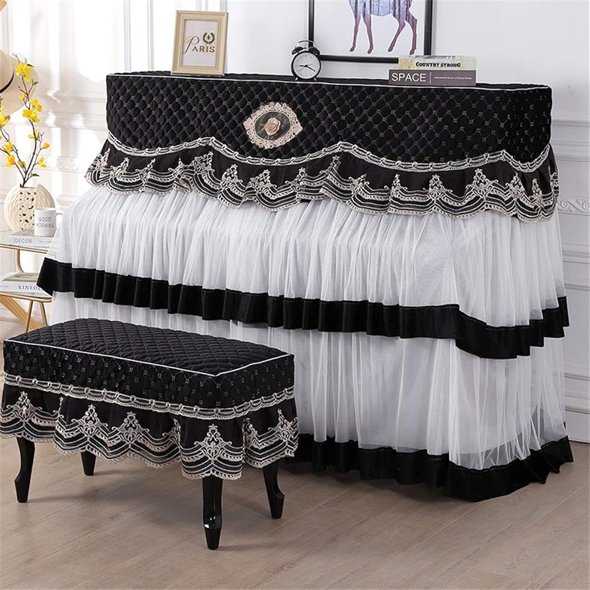 Musical Instrument Store Piano Cover High-end Mesh Piano Cover Full Cover Piano Cover Piano Stool Cover Elegant Feel (Color: Black, Size: Universal)