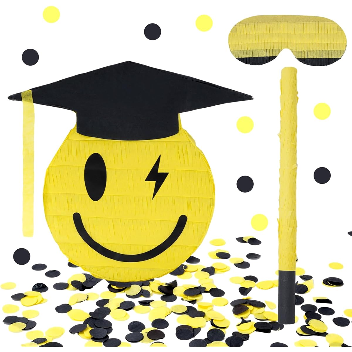 Whaline Graduation Pinata Set with Stick, Blindfold, Confetti, Black and Gold Graduation Cap Pinata for College School Primary School Preschool Party Game Supplies 11.8 x 10.9 Inch