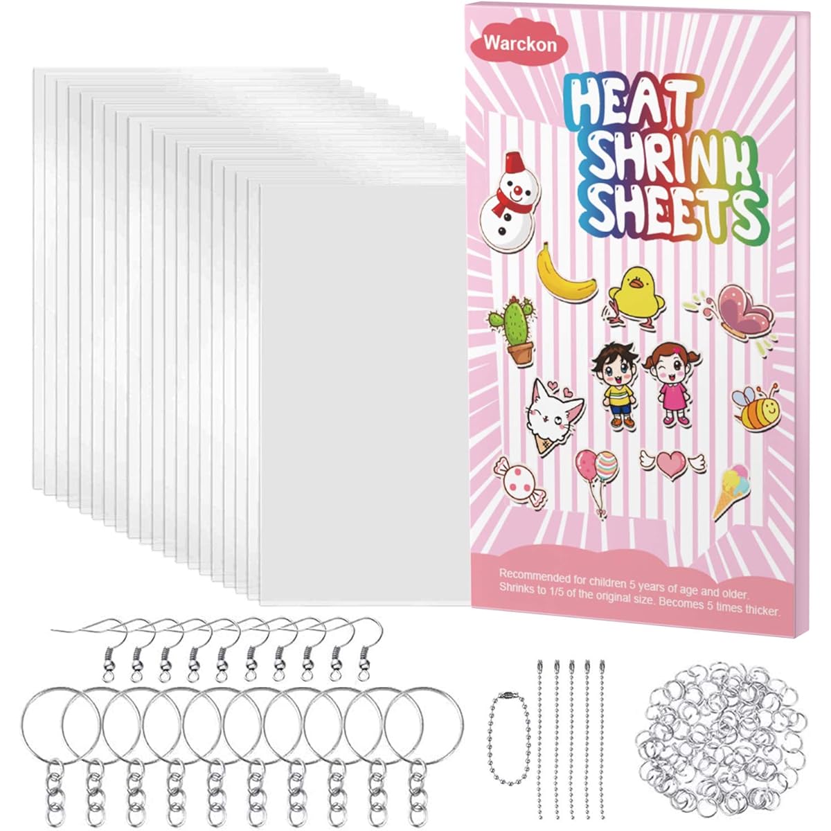 Warckon 149 Pieces Shrink Plastic Sheet Kit, 24 Pieces Shrinky Art Paper, 125 Pieces Keychain Accessories for Kids Creative Crafts