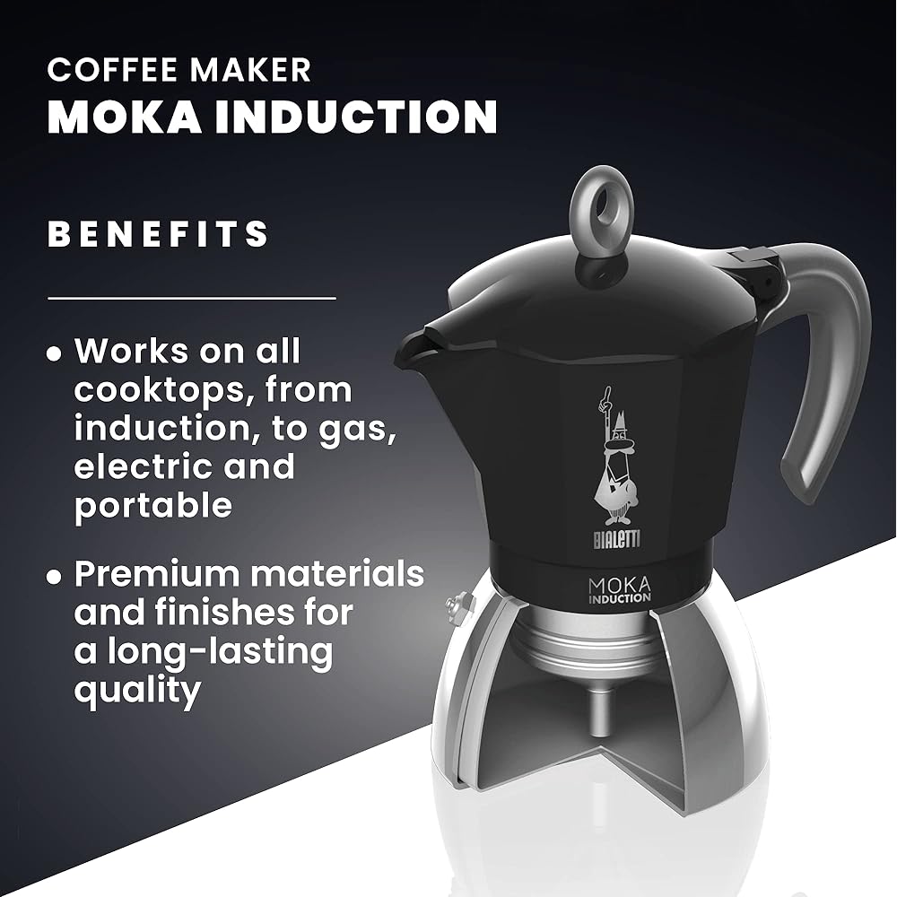 Bialetti New Moka Induction Coffee Maker Moka Pot, Aluminum, Black: Made in Italy, 4 Cups 200ml