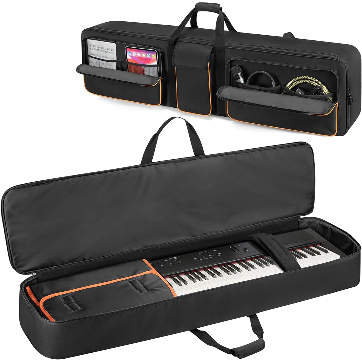 GRAOSO Padded 88 Key Keyboard Case, Soft Piano Bag with Padded Handle and Detachable Shoulder Strap, Travel Keyboard Gig Bag with 6' Bottom and 3 Front Pockets for Cables, Sheet Music, Black, Black///White