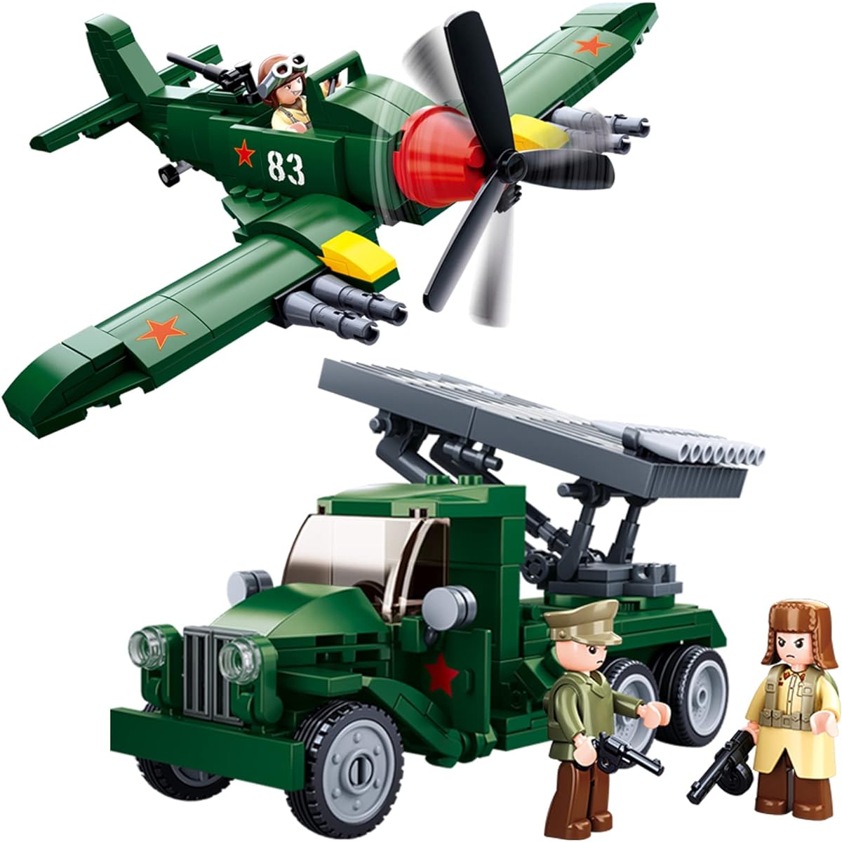 hhohio Military Brick Army Airplane Fighter Rocket Truck Missile Carrier Vehicle Building Toy Set WW2 Anti-Aircraft Block with 3 Soldier Figures Compatible with Major Brands (371 Pieces)