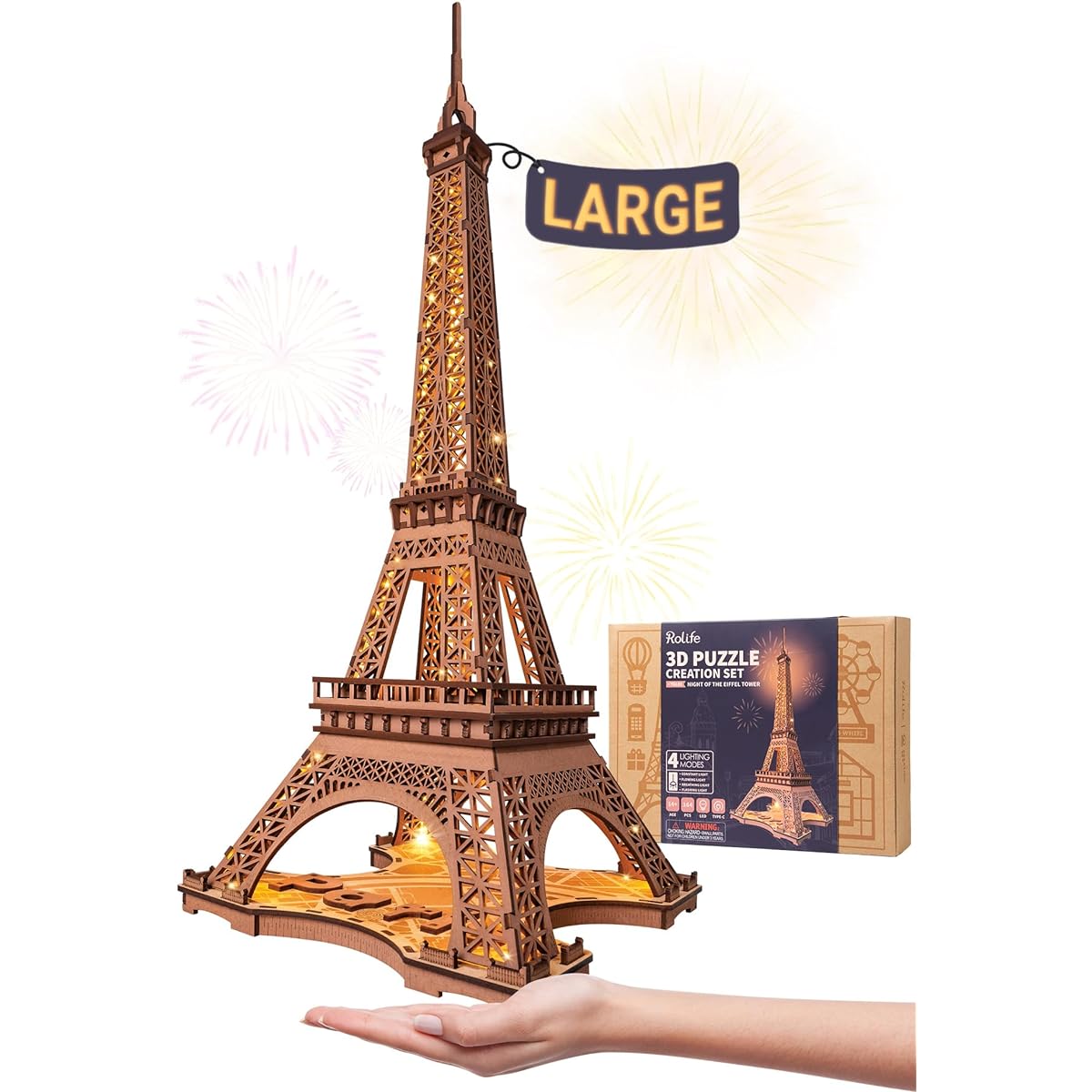 Rolife 3D Puzzle for Adults, Glowing Eiffel Tower, 53cm, 164pcs, For Beginners, LED Lighting, 4 Modes, Interior Decoration, Handmade Kit, Wooden, Electronic Craft Kit, Assembly Craft, Christmas, Birthday Gift