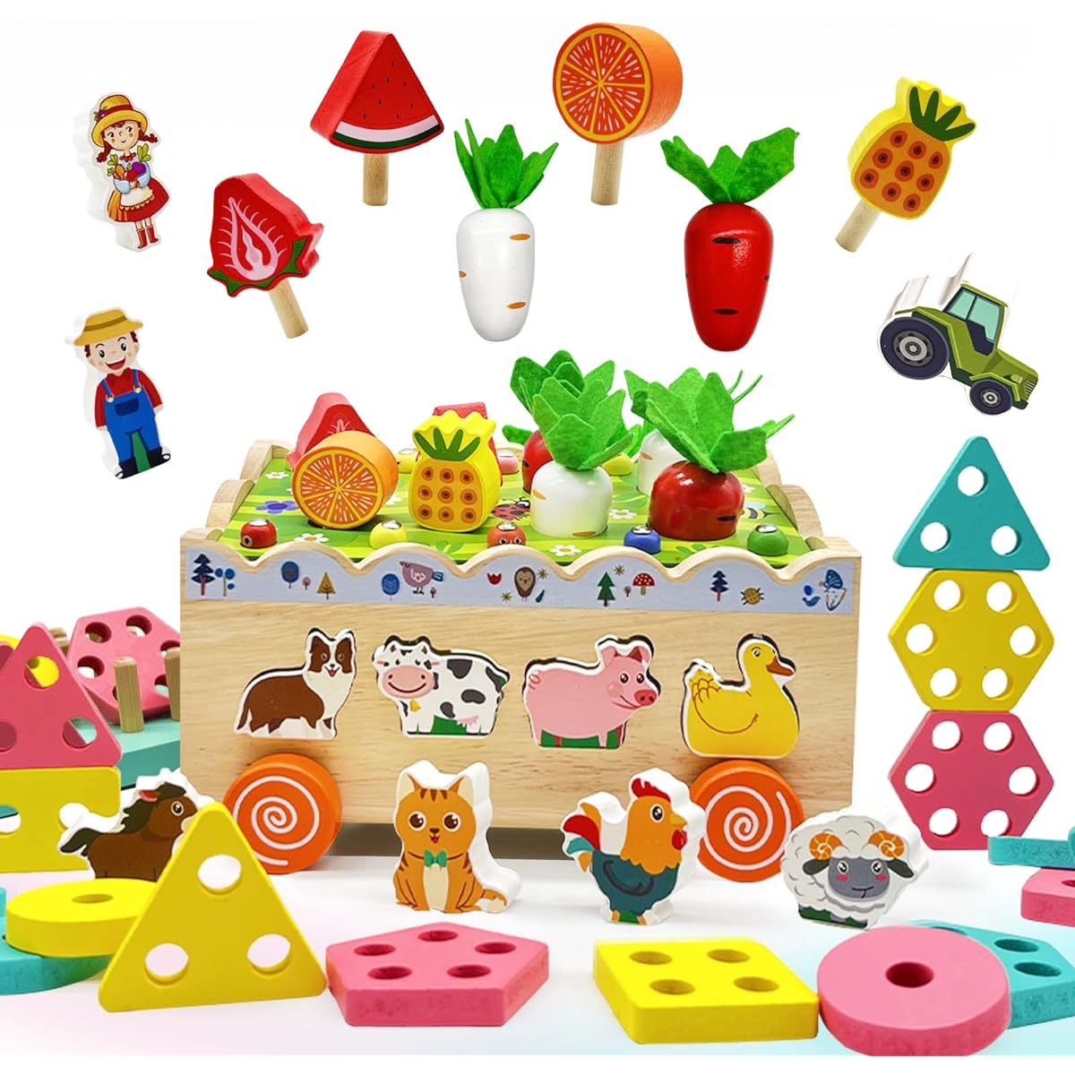Monti Shape Sorter Toy for Kids - Carrot Harvesting Game Wooden Shape Sorting Toys Gifts for Toddlers Gifts for 1-3 Year Olds Preschool Learning Vegetable & Farm Animals Blocks