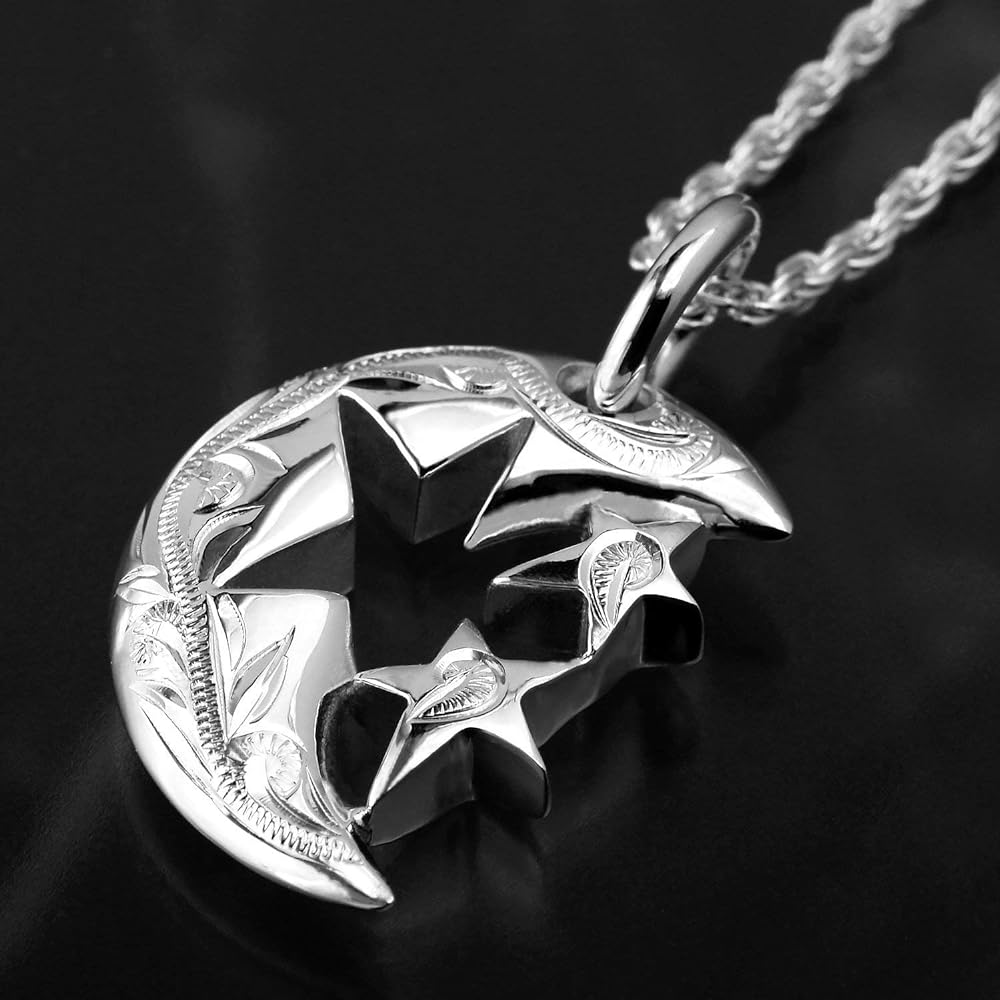 [Leilani] Hawaiian Jewelry Crescent Moon Star Pendant Necklace Men's Silver 925