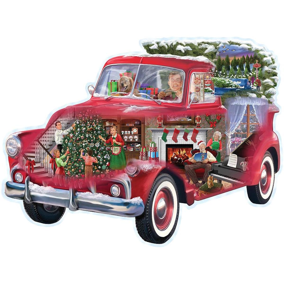Bits and Pieces - 300 Piece Jigsaw Puzzle for Adults 18" x 24" - Christmas Truck Shape - 300 Piece Father Family Holiday Tree Jigsaw Puzzle by Artist Bigelow Illustration