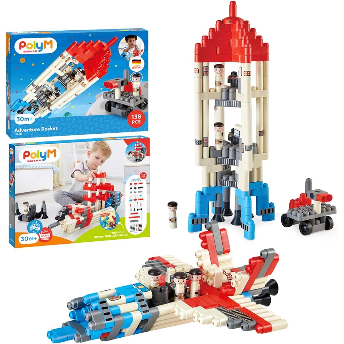 Hape PolyM Space Adventure Rocket Building Kit | 138 Piece Building Bricks Toy Playset for Kids - Includes Figures and Accessories