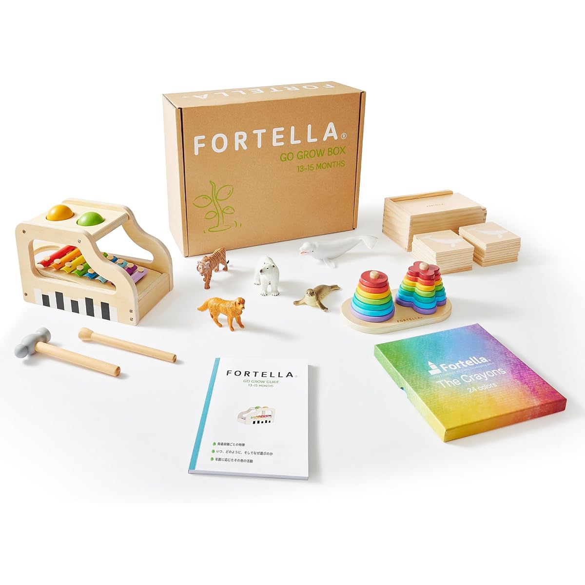 Fotella Go Grow Box Educational Toy Set Montessori Baby Toys Early Development Educational Crayons Stacking Rings Xylophone Figure Baby 1 Year Old Gift (13-15 Months)