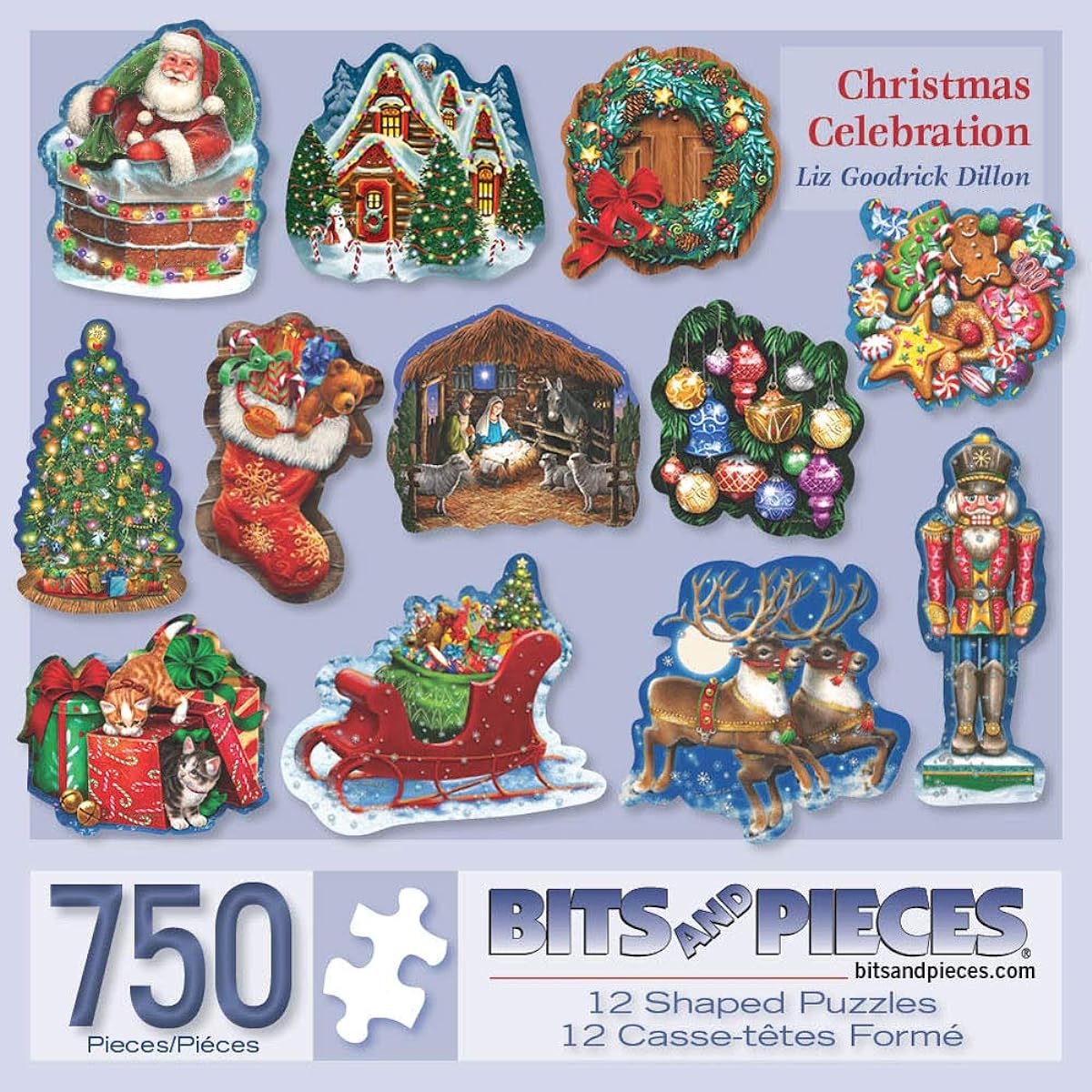 Bits and Pieces - 750 Piece Jigsaw Puzzle for Adults - Celebrate Christmas - 750 Piece Mini Holiday Santa Cookies Stockings Sleigh Tree Wreath Jigsaw Puzzle by Artist Liz Goodrick-Dillon