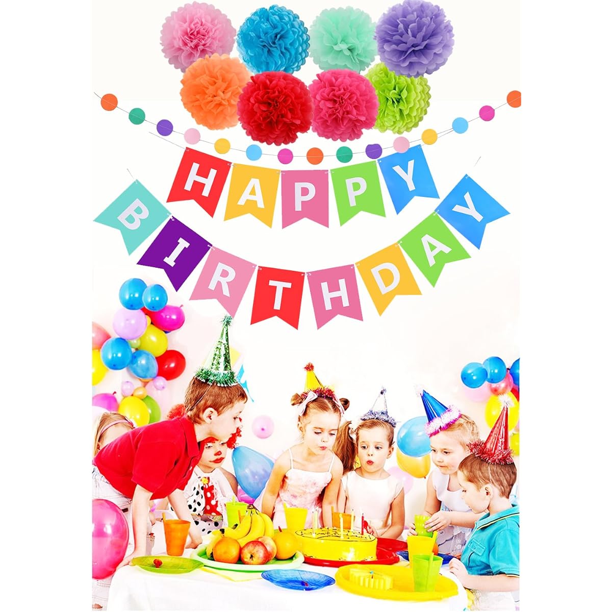 Happy Birthday Decorations Banner With Tissue Pom Poms For Rainbow Birthday Party Supplies