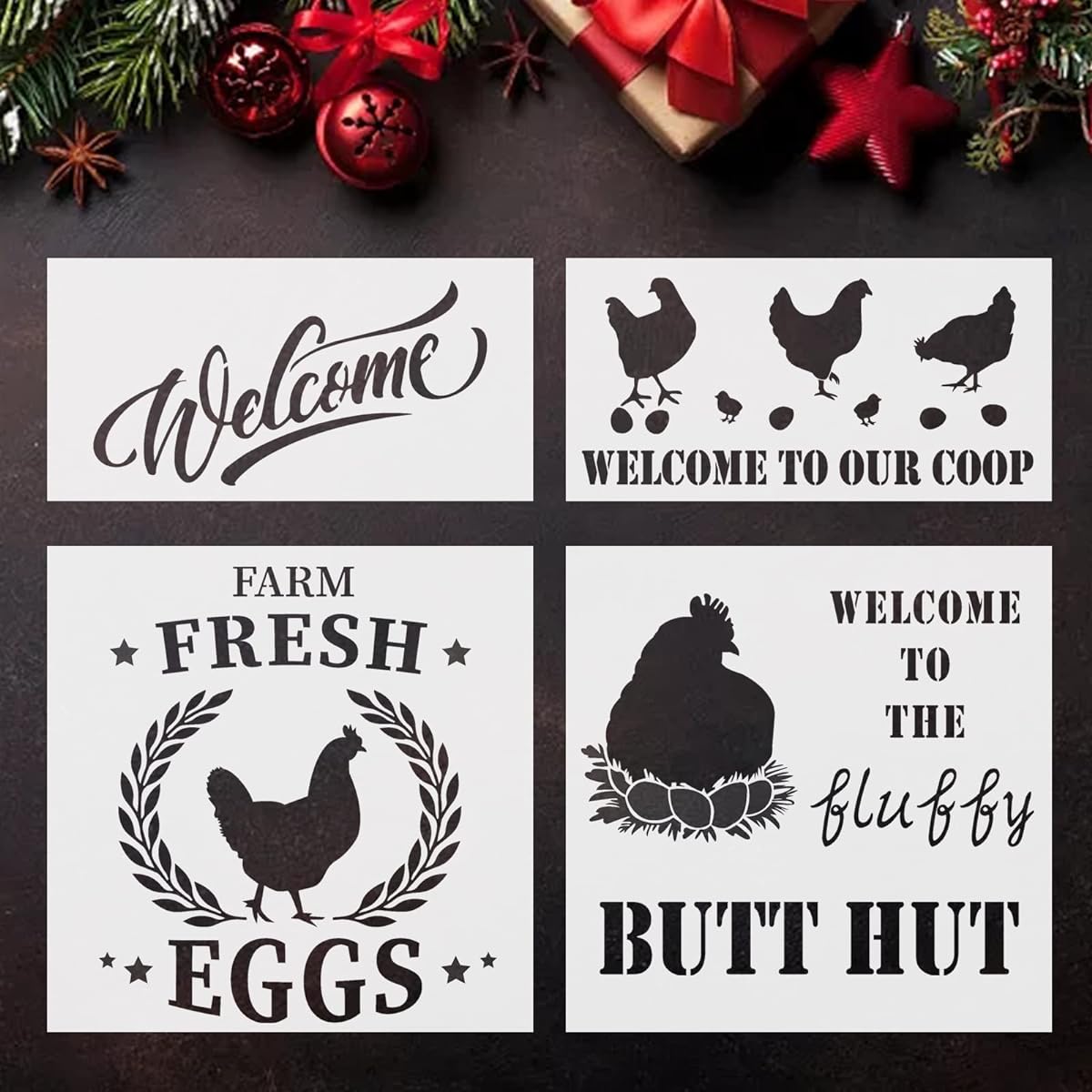 Chicken Farmhouse Stencil 4 Pieces Chicken Farm Fresh Egg Stencil Rustic Farmhouse Reusable Stencil Template DIY Chicken Country Farmhouse Home Decor Stencil for Painting Wooden Fabric Wall Furniture