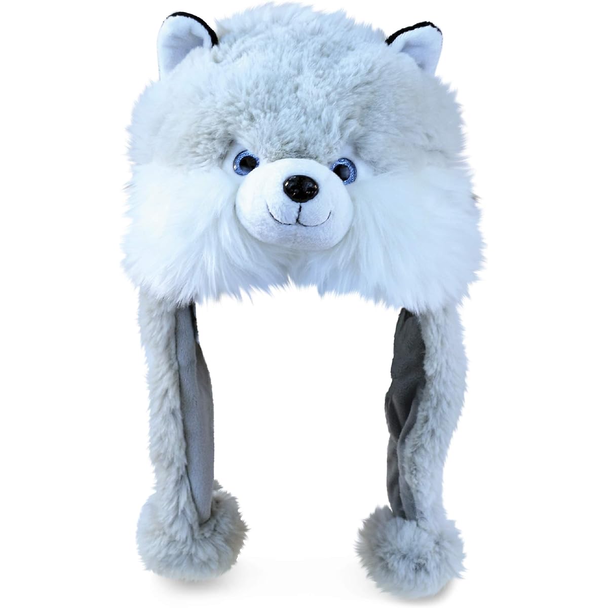 DolliBu Plush Hat - Super Soft Warm Hat with Ear Flaps, Funny Toy Hat, Cozy Fleece Winter Hat for Kids & Teens - One Size, Gray Husky, One Size